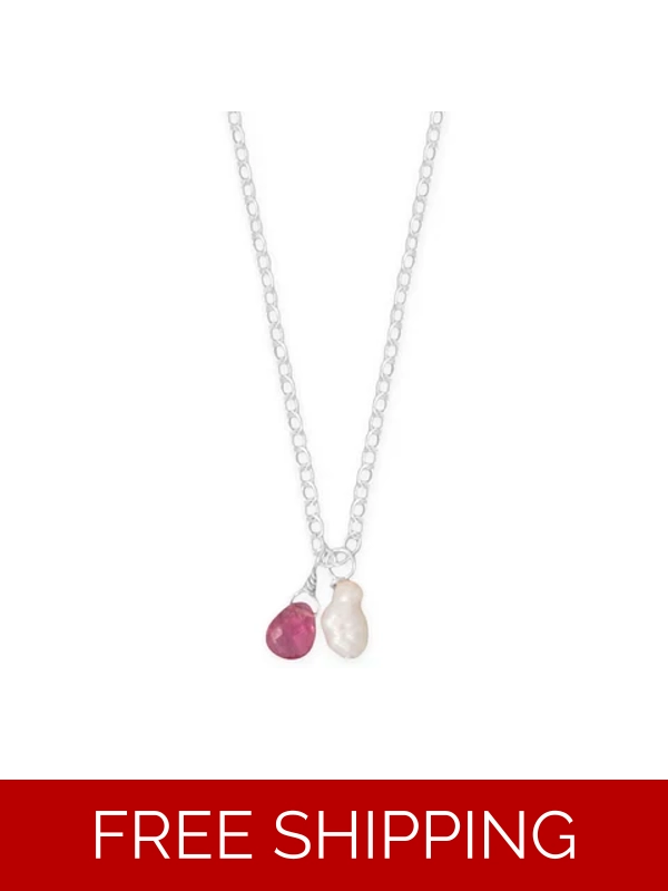 16" + 2" Cultured Freshwater Pearl and Pink Tourmaline Charm Necklace